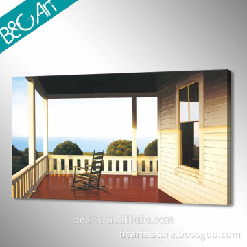 Reminiscent wood house and rocking chair late day seascape painting